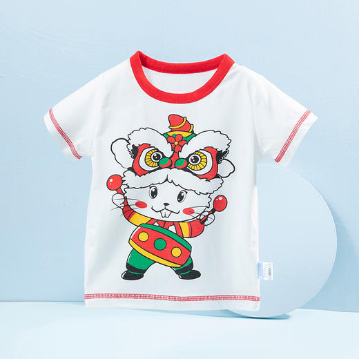 贝贝怡童装夏季醒狮中国风儿童短袖T恤纯棉小兔子女童上衣舞狮宝宝半袖 商品图3