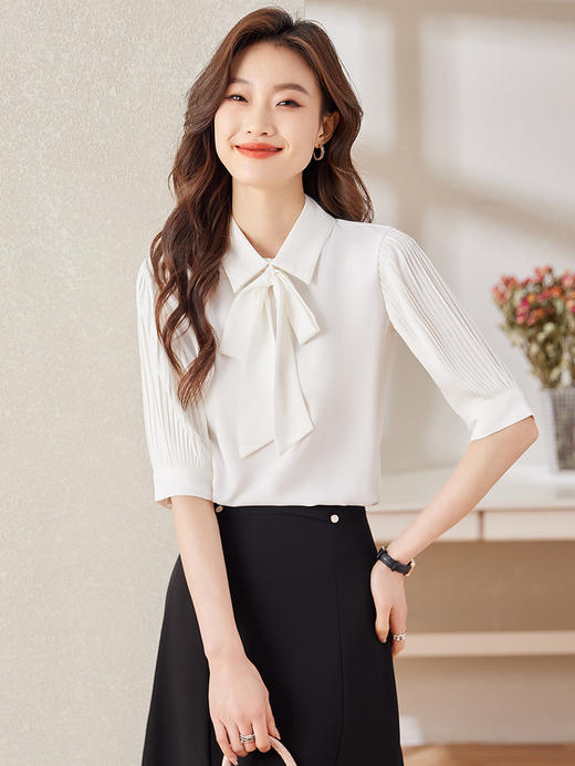 五分袖飘带领结职业衬衫高腰A字半身裙子 商品图0
