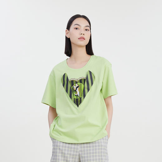 谜底圆领印花T恤女2023夏季新款简约时尚学院风宽松上衣232MT0583 商品图0