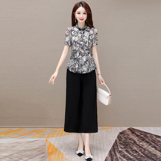 夏季新款，短袖小衫直筒阔腿裤九分裤妈妈装印花两件套QYM-LRX-YNX2321-Y 商品图0