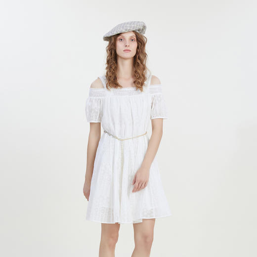 谜底吊带连衣裙短袖2023夏新款提花一字肩中长裙配腰带232ML0648 商品图0