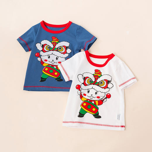 贝贝怡童装夏季醒狮中国风儿童短袖T恤纯棉小兔子女童上衣舞狮宝宝半袖 商品图1