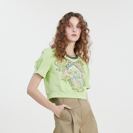 谜底圆领短款T恤女2023夏款复古特色印花泡泡袖短袖上衣232MT0616 商品图3