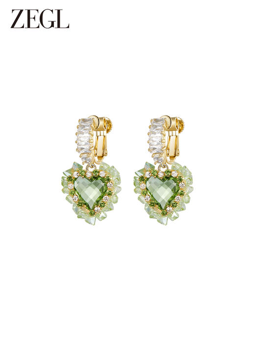 ZEGL绿色爱心耳环女小众设计感高级耳钉耳夹无耳洞925银针耳饰品 商品图2