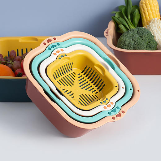 「5件套！两款配色」可叠加沥水篮五件套厨房用品洗水果双层洗菜篮塑料洗菜筐沥水盆收纳篮 商品图0