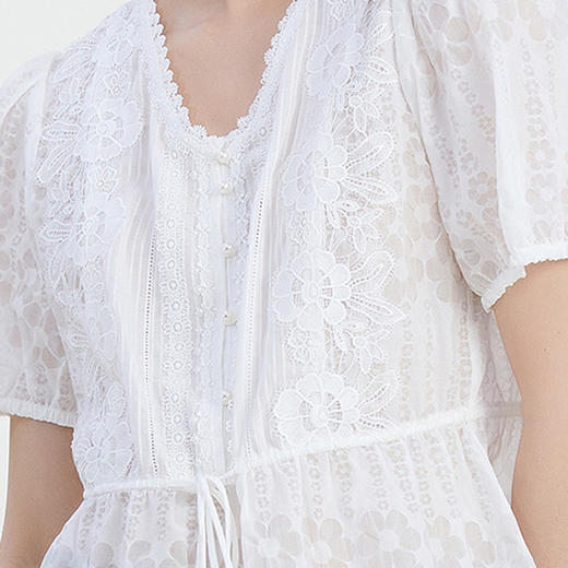 谜底V领提花上衣女2023夏款文艺风收腰系带纯棉衬衫小衫232MS0609 商品图3