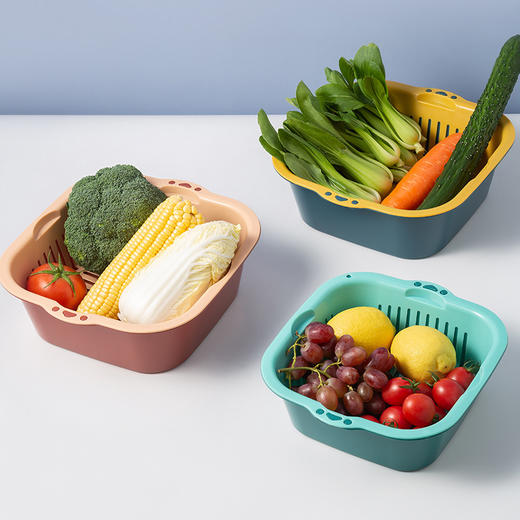 「5件套！两款配色」可叠加沥水篮五件套厨房用品洗水果双层洗菜篮塑料洗菜筐沥水盆收纳篮 商品图3