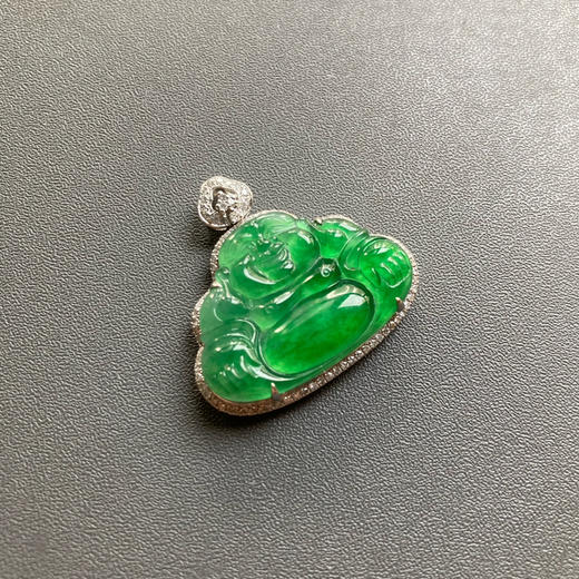 高冰种阳绿翡翠大弥勒佛18k白金钻石镶嵌 商品图3