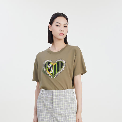 谜底宽松短款针织衫女23夏款学院风绣花圆领套头衫短袖232MZ0863 商品图0