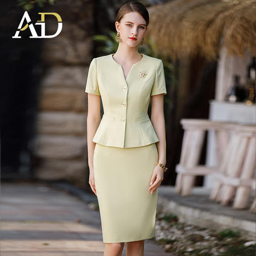AD工作服职业气质女神范套装高端米黄色短袖西装套裙收腰显瘦工装 商品图1