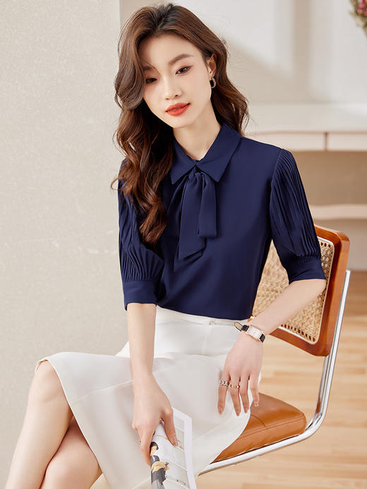 五分袖飘带领结职业衬衫高腰A字半身裙子 商品图2