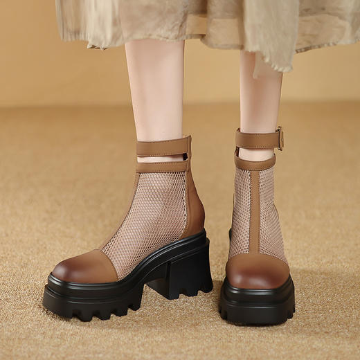 夏季新款，真皮网纱拼接圆头厚底短靴ZM-2717 商品图7