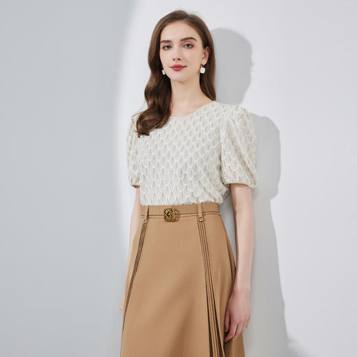 NF658斯尔丽瑟俪2023夏季新品别致圆领时髦洋气泡泡袖夹花女式针织衫 商品图2