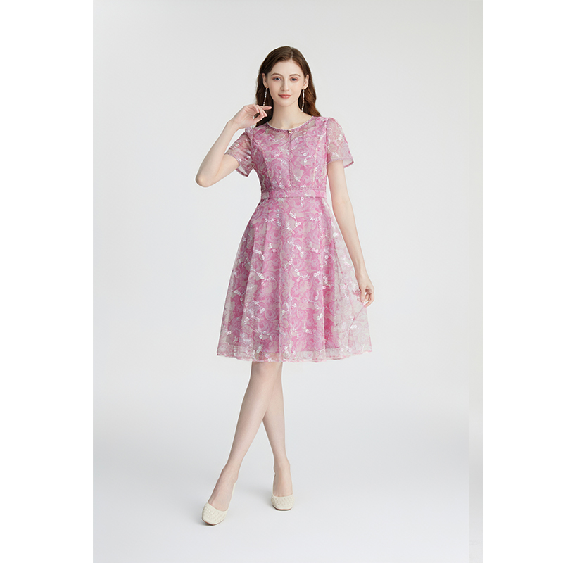司歌刺绣印花短袖优雅先手短款连衣裙A871108