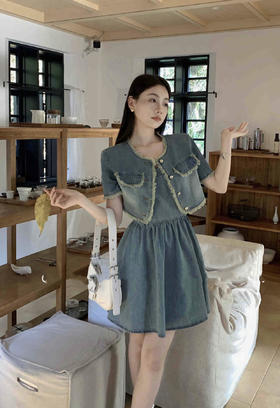 春季法式毛须边牛仔连衣裙套装 150617170