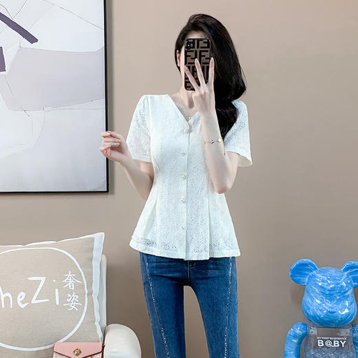 奢姿2024年夏装新款大码女装气质V领蕾丝衬衫胖妹妹时尚百搭上衣9932225548 商品图2