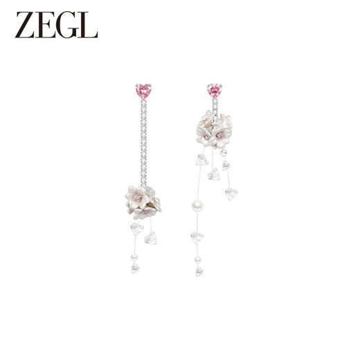 ZEGL设计师花园系列花朵流苏耳环人造珍珠耳钉925银针不对称耳饰 商品图0