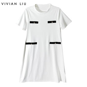 VIVIAN LIU R2327405 春新款名媛高级感小香风圆领半袖针织连衣裙