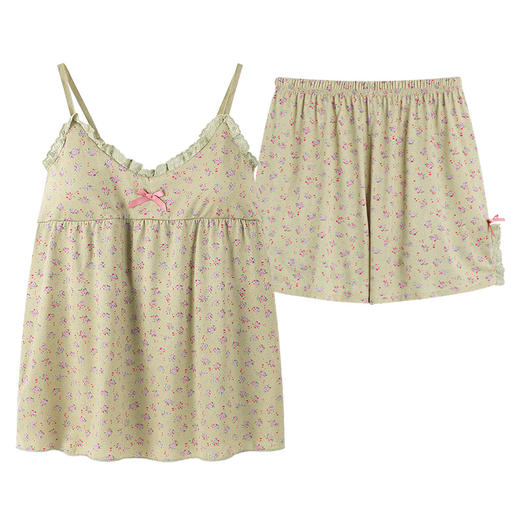 「两件套！三款配色」可拆卸带胸垫免bra睡衣 女夏季甜美性感V领碎花吊带短裤套装家居服上衣裤子 商品图4