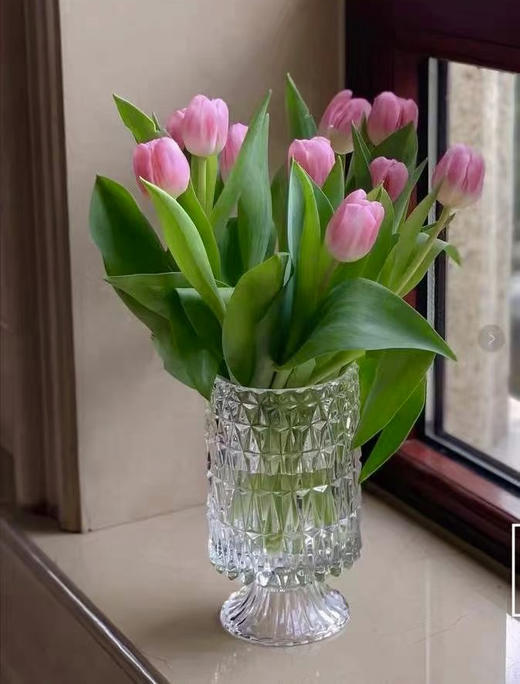 加厚水晶柱透明浮雕玻璃花瓶欧式高脚花器现代时尚水培容器家居装饰摆件 商品图0