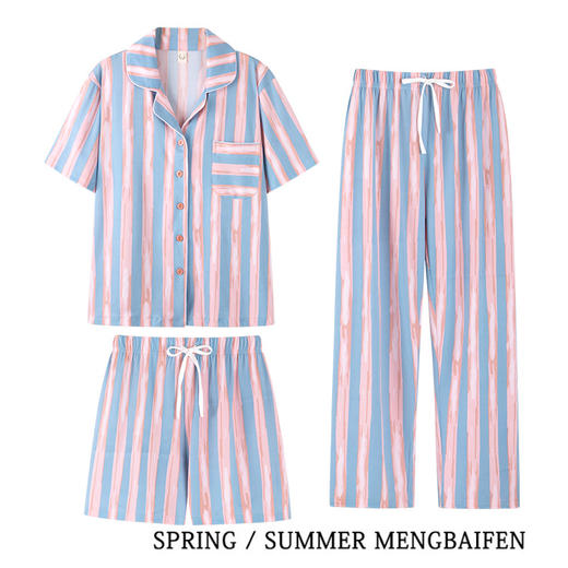 「三件套！三款配色」夏季黄色条纹睡衣 女短袖短裤翻领三件套 家居服装可外穿上衣裤子 商品图2