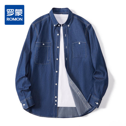 【100棉】罗蒙男士长袖衬衫简约大方舒适百搭牛仔衬衫衬衣男 商品图1