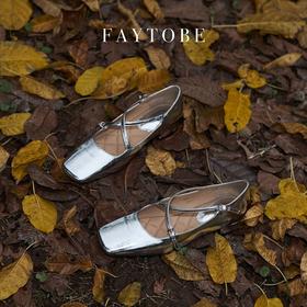 faytobe方头银色2023年春夏新款法式百搭粗跟芭蕾浅口单鞋