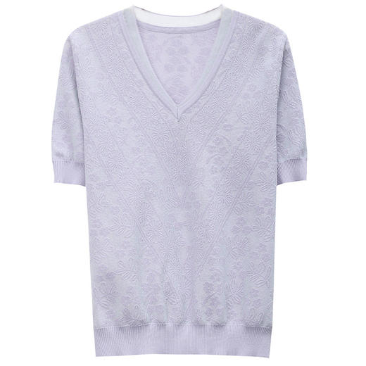 夏装新款，V领冰丝短袖t恤女半袖上衣薄款针织衫洋气蕾丝小衫CC-89-5151 商品图4