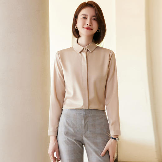 【新品尝鲜】罗蒙春夏女士长袖衬衫纯色简约通勤百搭舒适缎面衬衣 商品图2