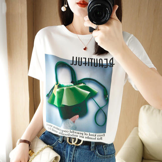 QHJY-JYA023114前丝后棉缎面印花宽松大码女装 23韩版夏装丝光棉短袖t恤女上 商品图1