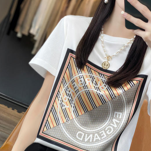 QHJY-JYA023112韩版前丝后棉缎面印花宽松大码女装夏装丝光棉短袖t恤女上衣 商品图1