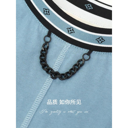 COCOBELLA撞色提花圆领纯棉链条T恤女时尚休闲短袖上衣TS108 商品图4