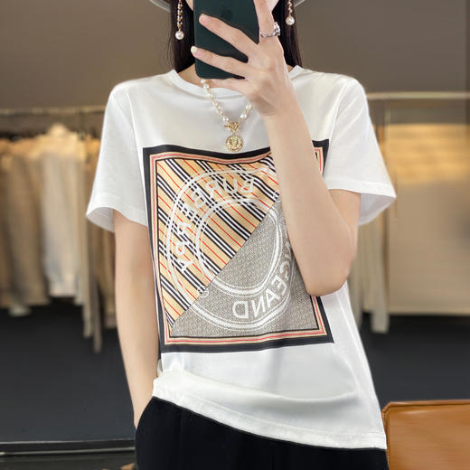 QHJY-JYA023112韩版前丝后棉缎面印花宽松大码女装夏装丝光棉短袖t恤女上衣 商品图0