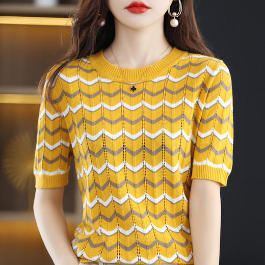 QHJY-JYA023154春夏圆领精纺棉线打底衫女五分袖套头短袖薄针织花纹上衣女 商品图1