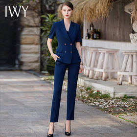 IWY/藏青色夏季短袖西装套装女职业新款轻薄透气高端套裙女CP1777