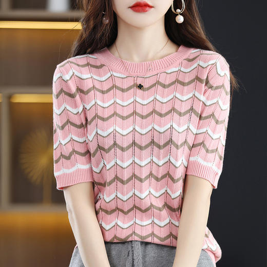 QHJY-JYA023154春夏圆领精纺棉线打底衫女五分袖套头短袖薄针织花纹上衣女 商品图7