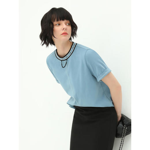 COCOBELLA撞色提花圆领纯棉链条T恤女时尚休闲短袖上衣TS108 商品图3