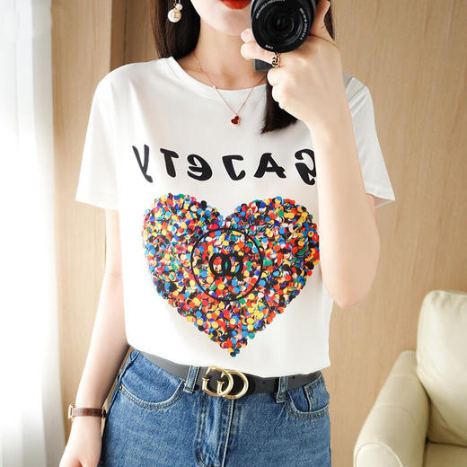 QHJY-JYA023114前丝后棉缎面印花宽松大码女装 23韩版夏装丝光棉短袖t恤女上 商品图2