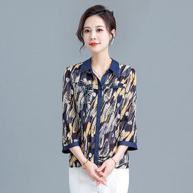 印花蓝色衬衣，新款七分袖休闲打底衫时尚妈妈装短款小衫QYM-YX-CL23828-1-Y