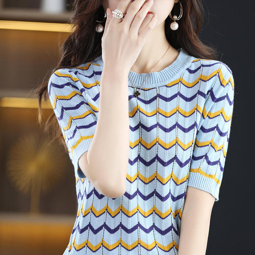 QHJY-JYA023154春夏圆领精纺棉线打底衫女五分袖套头短袖薄针织花纹上衣女 商品图2