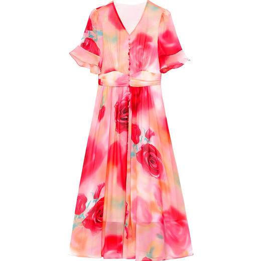 修身时尚，夏款印花中长款雪纺裙V领短袖简约气质优雅连衣裙QYM-OMS-SA305-L 商品图4