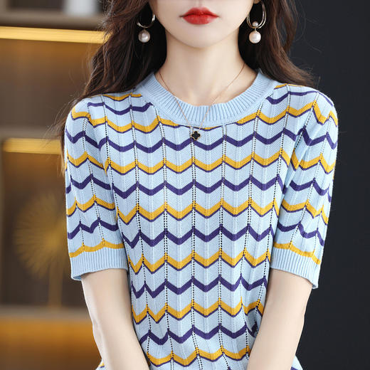 QHJY-JYA023154春夏圆领精纺棉线打底衫女五分袖套头短袖薄针织花纹上衣女 商品图5