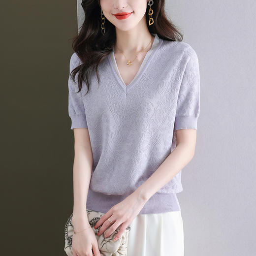 夏装新款，V领冰丝短袖t恤女半袖上衣薄款针织衫洋气蕾丝小衫CC-89-5151 商品图7