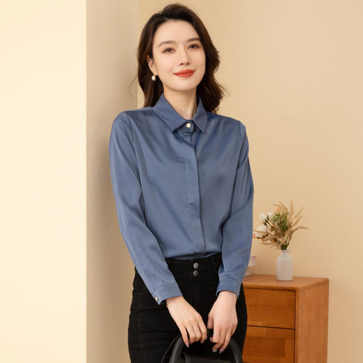 【新品尝鲜】罗蒙春夏女士长袖衬衫纯色简约通勤百搭舒适缎面衬衣 商品图7