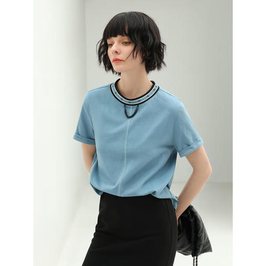 COCOBELLA撞色提花圆领纯棉链条T恤女时尚休闲短袖上衣TS108 商品图1