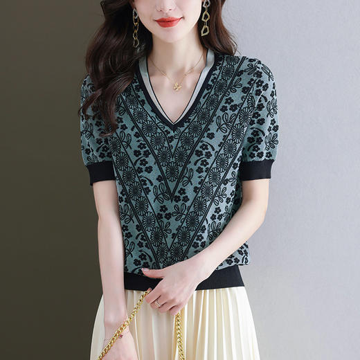 夏装新款，V领冰丝短袖t恤女半袖上衣薄款针织衫洋气蕾丝小衫CC-89-5151 商品图5