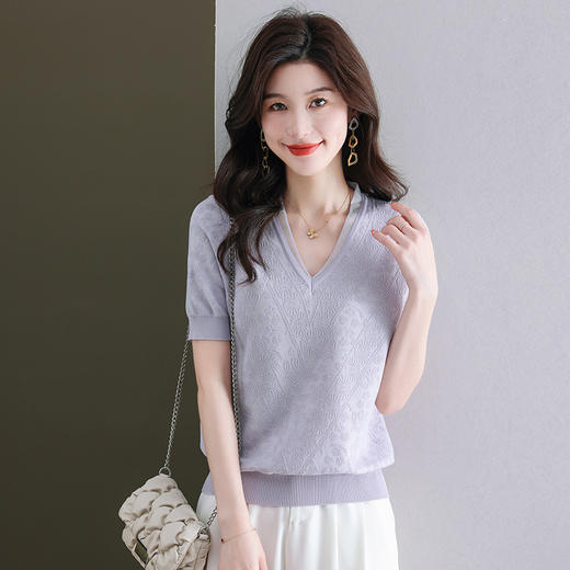 夏装新款，V领冰丝短袖t恤女半袖上衣薄款针织衫洋气蕾丝小衫CC-89-5151 商品图1