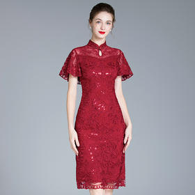 DNO-2GA8824时尚婆婆酒会礼服新款大码红色连衣裙长袖