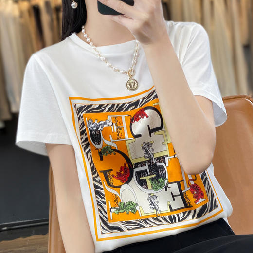 QHJY-JYA023112韩版前丝后棉缎面印花宽松大码女装夏装丝光棉短袖t恤女上衣 商品图3