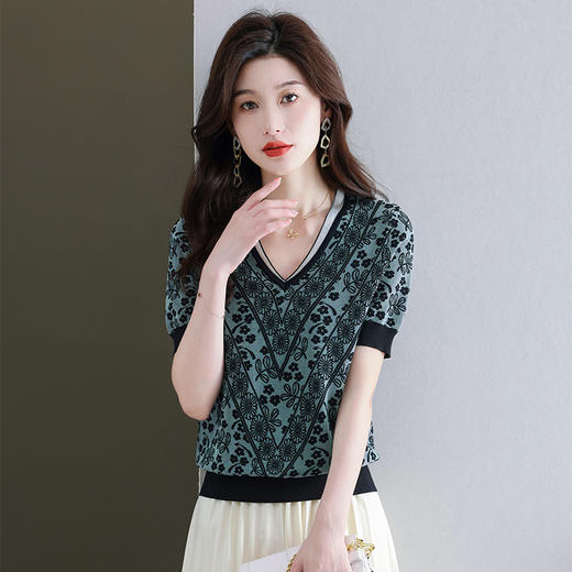 夏装新款，V领冰丝短袖t恤女半袖上衣薄款针织衫洋气蕾丝小衫CC-89-5151 商品图2